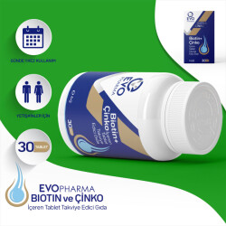 Evopharma Biotin + Çinko İçeren Takviye Edici Gıda 30 Tablet - EVOPHARMA