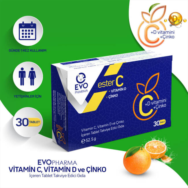 Evopharma Ester C Vitamin Ve Çinko İçeren Takviye Gıda 30 Tablet - 1