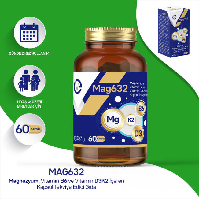 Mag632 Magnezyum, Vitamin B6 ve Vitamin D3K2 İçeren Kapsül Takviye Edici Gıda - 1