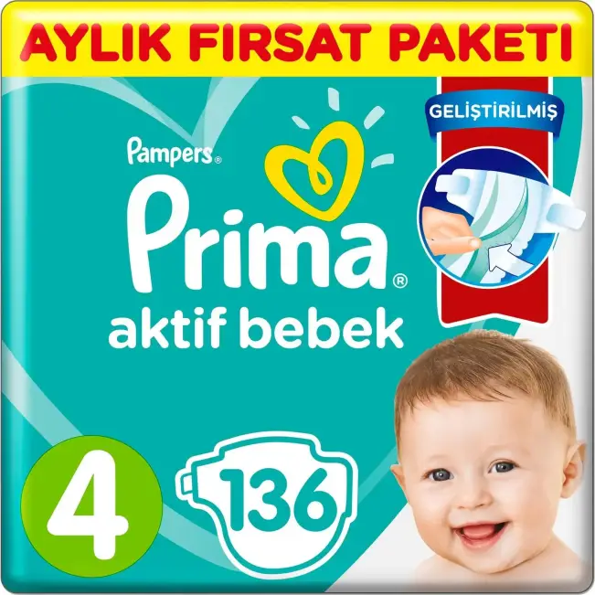 Prima Bebek Bezi Aktif Bebek 4 Beden Aylık Fırsat Paketi 136 Adet - 1